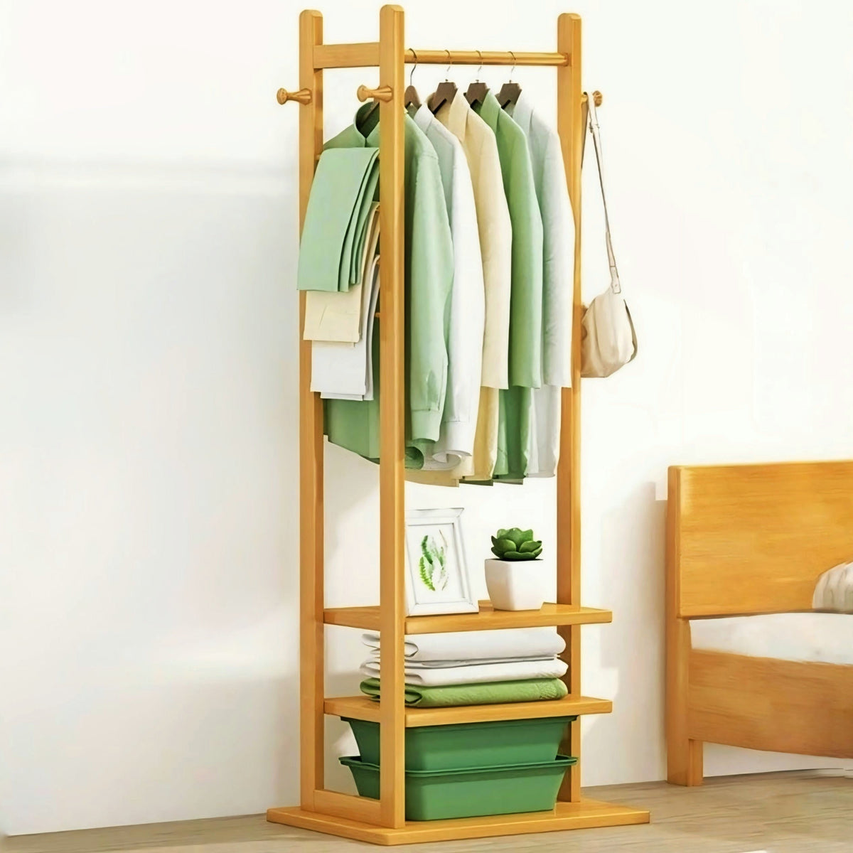 Wooden Multi Layer Alna With 3 Side Hook And 2 Shelf For Bedroom| wooden cloth stand